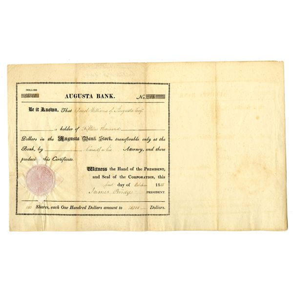 ME. Augusta Bank, 1815 I/U Stock Certificate.