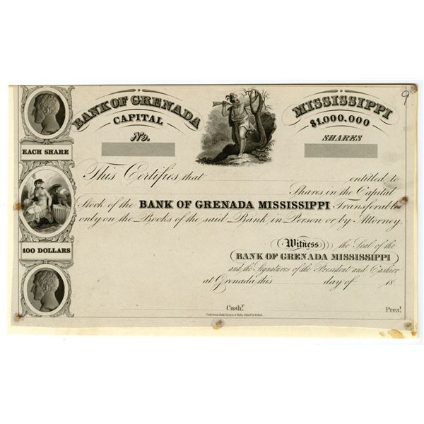 MS. Bank of Grenada, Mississippi, ca.1830s, Proof Stock Certificate.