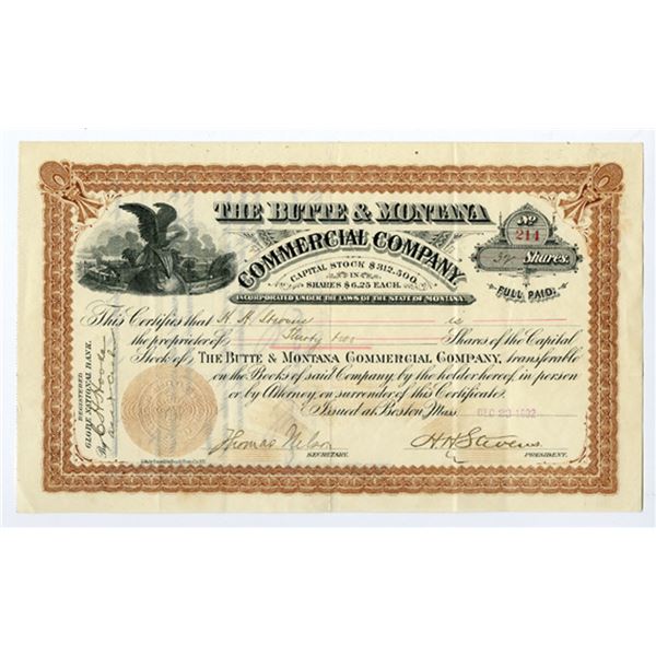 Montana. Butte & Montana Commercial Co., 1892 I/U Stock Certificate