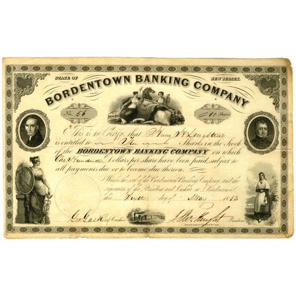 NJ. Bordentown Banking Co., 1852, I/C Stock Certificate.