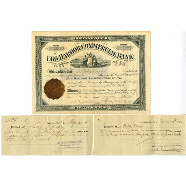 NJ. Egg Harbor Commercial Bank, 1912 to 1921, Stock and CD Trio.