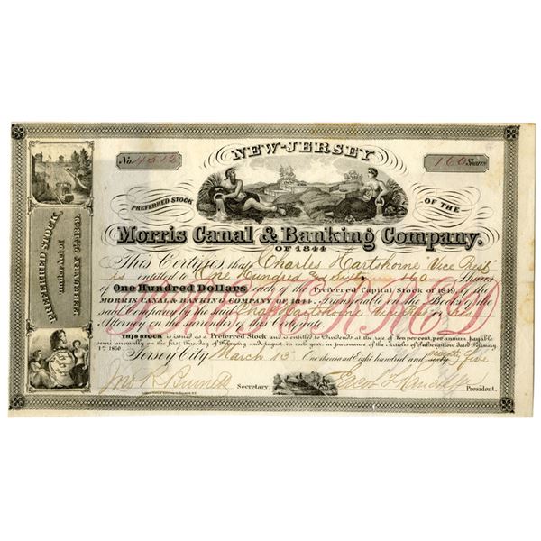 NJ. Morris Canal & Banking Company (of 1844), I/C Stock Certificate in 1875.