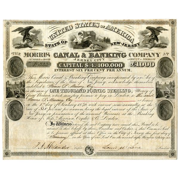 NJ. Morris Canal & Banking Company at Jersey City, 1836, I/U 1000 Pound Bond.