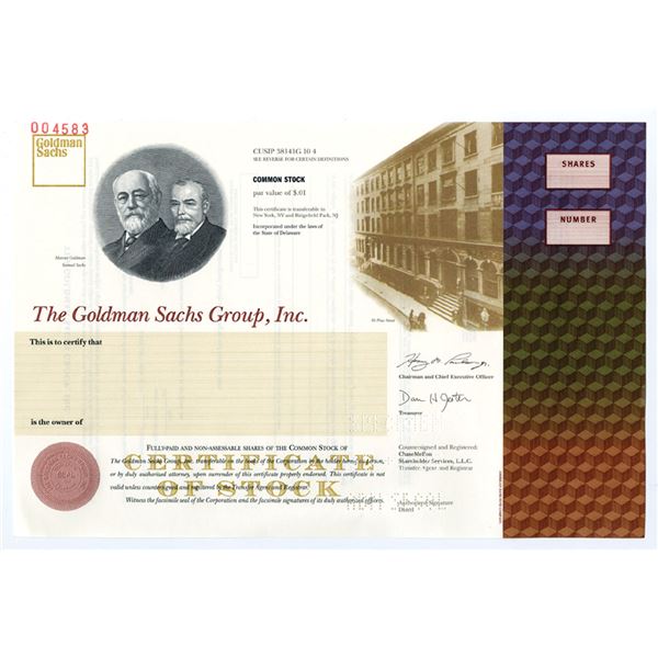 NY. Goldman Sachs Group, Inc., 1999, IPO Specimen Stock Certificate.
