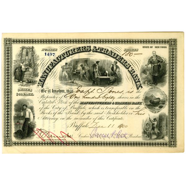 NY. Manufacturers & Traders Bank, 1900, I/C Stock Certificate.
