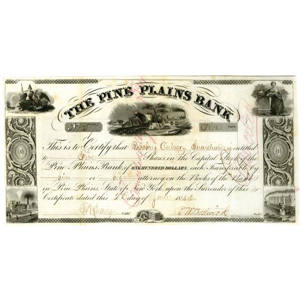NY. Pine Plains Bank, 1843, I/C Stock Certificate.