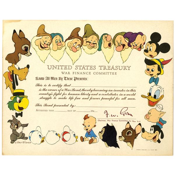 NY. United States Treasury War Finance Committee, ND (1940-1945), Disney Certificate Remainder .