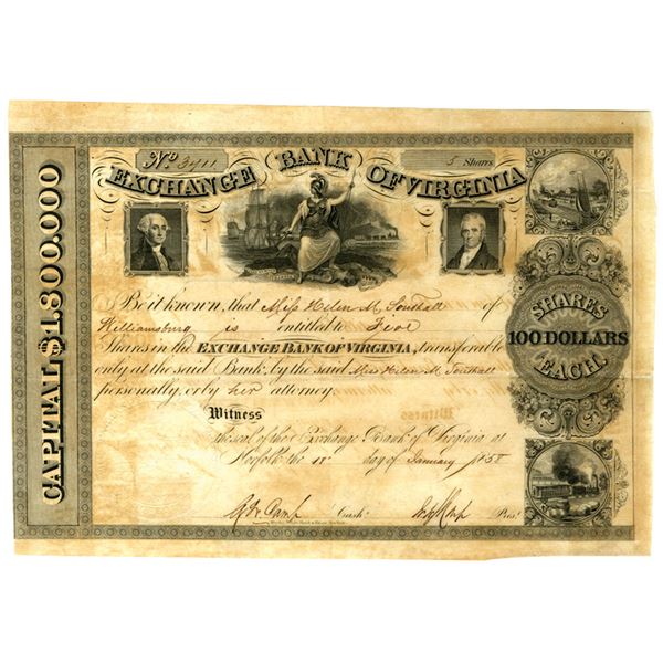 VA. Exchange bank of Virginia, 1858, I/U Stock Certificate.