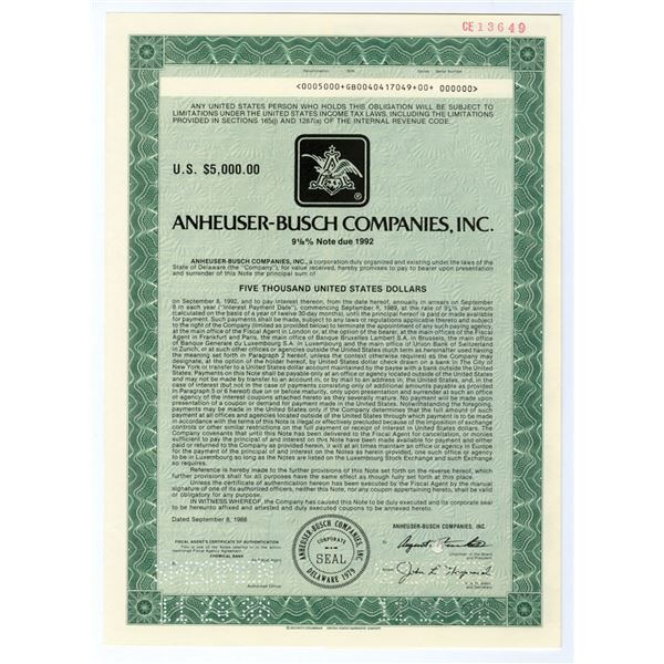 MO. Anheuser-Busch Co., Inc., 1988 $5,000 Specimen Coupon Bond, VF SC-USBN