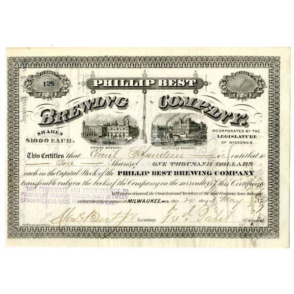 WI. Phillip Best Brewing Co., 1872, I/U Stock Certificate signed by Fred Pabst.
