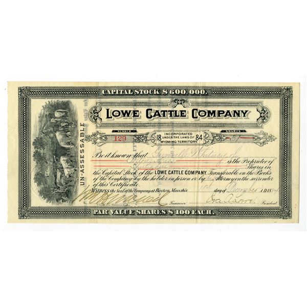 WY.  Lowe Cattle Company, 1884 I/U Stock Certificate.