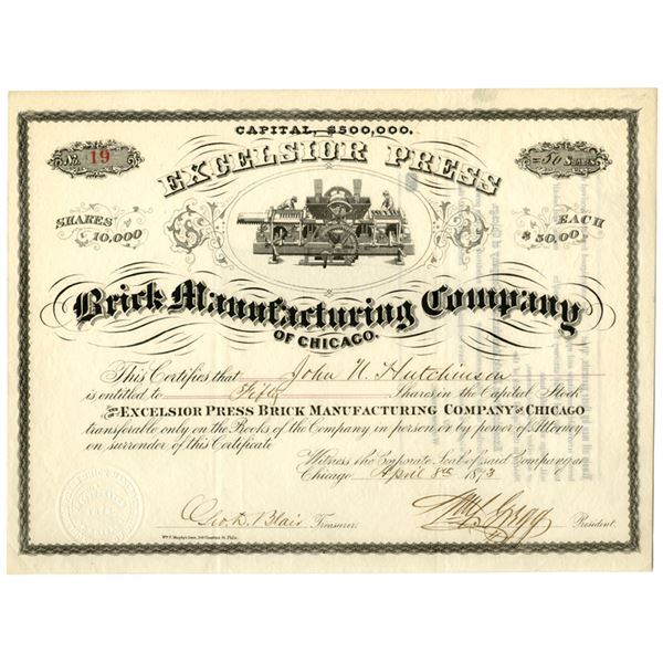 IL. Excelsior Press Brick Manufacturing Co., 1873, I/U Stock Certificate.