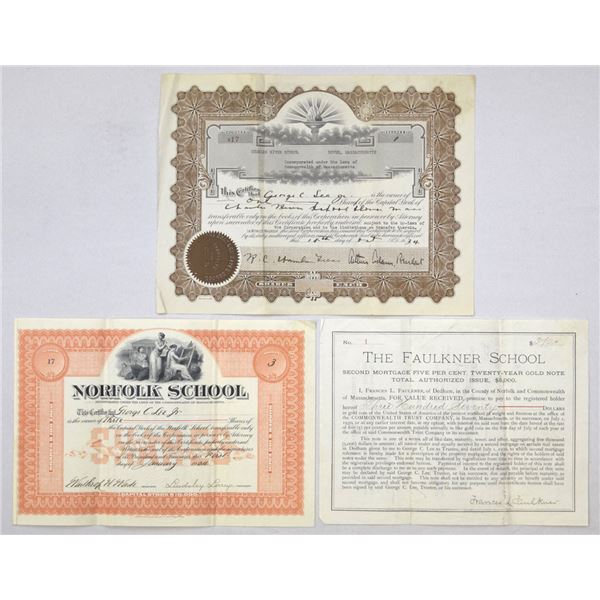 MA. Massachusetts Private School Stock and Bond Trio, 1904 to 1934.