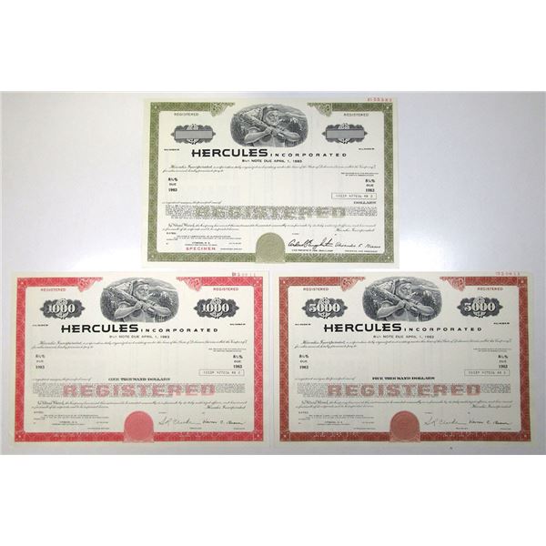 DE. Hercules Inc., 1976 to 1980, Specimen Registered Bond Trio.