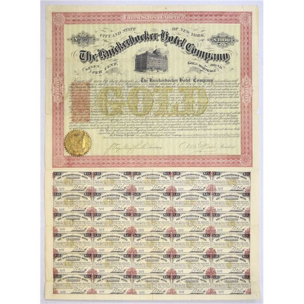 NY. Knickerbocker Hotel Co., 1871, I/U Coupon Bond.