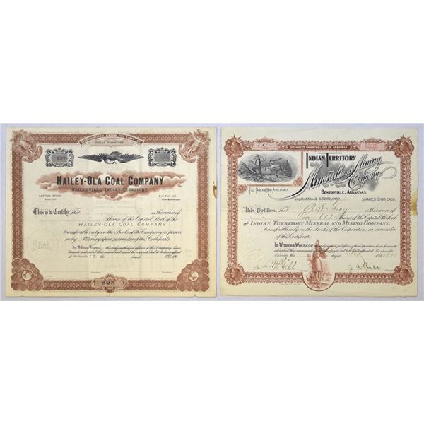 Indian Territory Mineral and Mining Co. and Hailey-Ola Coal Co., 1898 to 1909, Stock Certificate Pai