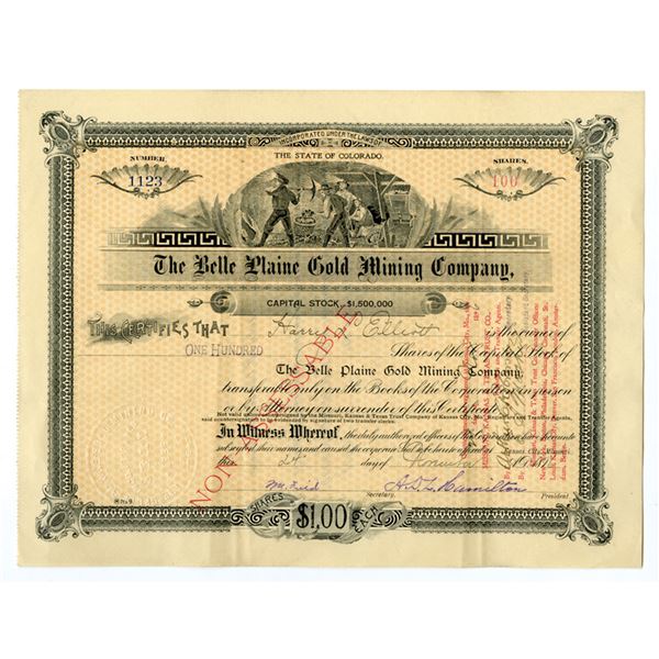 CO. Belle Plaine Gold Mining Co., 1896, I/U Capital Stock Certificate