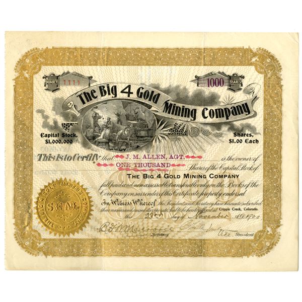 CO. Big 4 Gold Mining Co., 1900, I/U Stock Certificate.