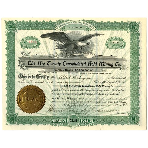 CO. Big Twenty Consolidated Gold Mining Co., 1908, I/U Stock Certificate.