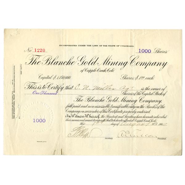 CO. Blanche Gold Mining Company of Cripple Creek Colo., 1900, I/U Stock Certificate.