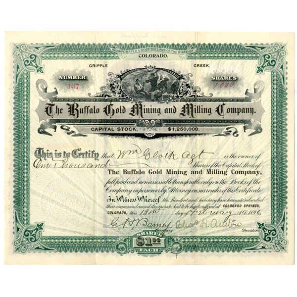 CO. Buffalo Gold Mining and Milling Co., 1896, I/U Stock Certificate.