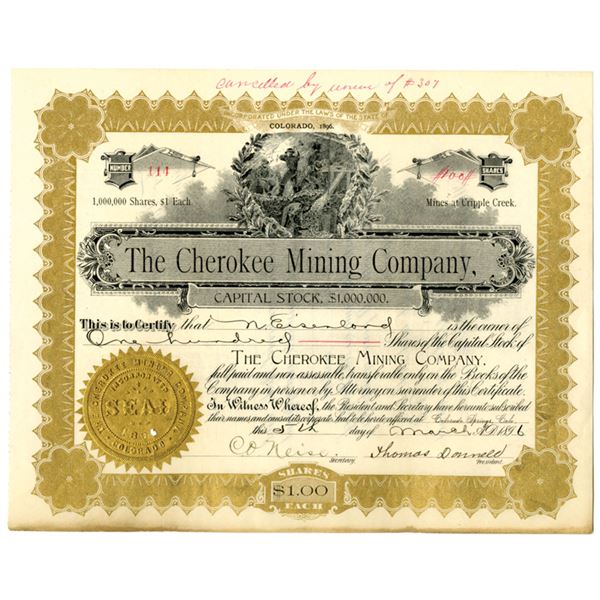 CO. Cherokee Mining Co., 1896, I/U Stock Certificate.