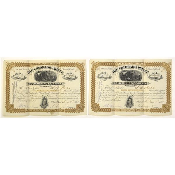 CO. Colorado Prince Gold Mining Co., 1880, I/U Stock Certificate Pair.