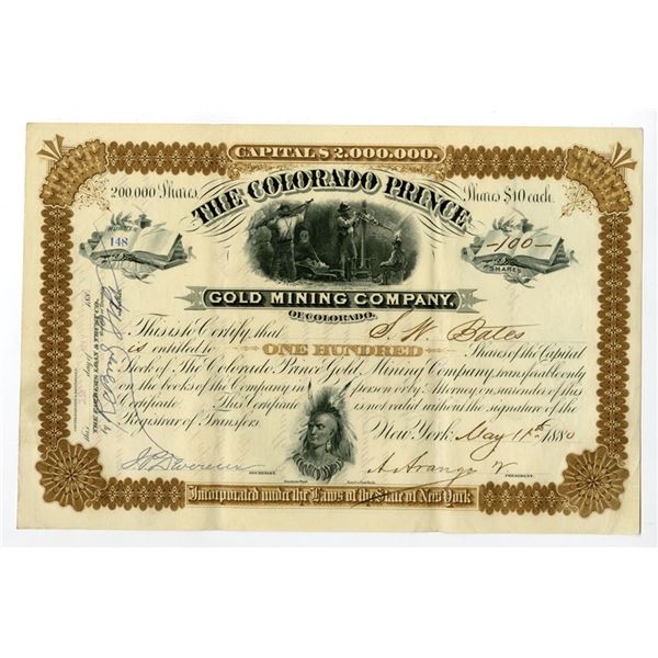 CO. Colorado Prince Gold Mining Co., 1880, I/U Stock Certificate.