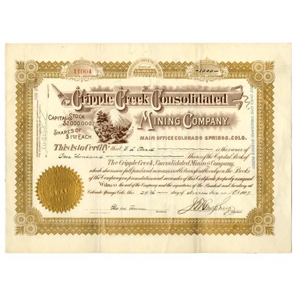 CO. Cripple Creek Consolidated Mining Co., 1907, I/U Stock Certificate.