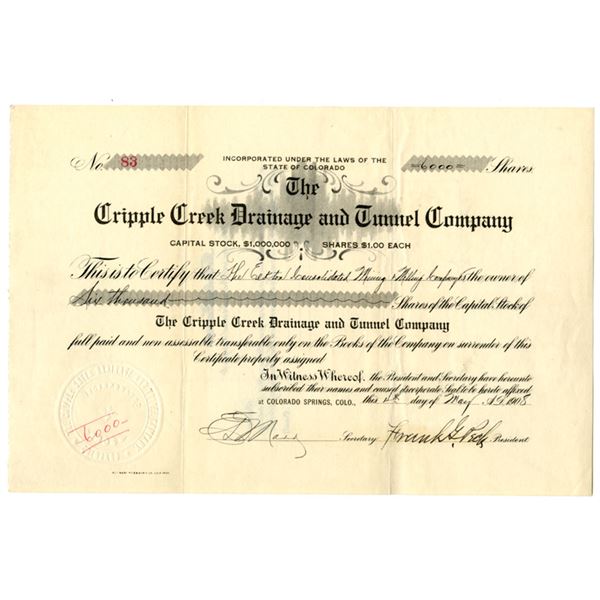 CO. Cripple Creek Drainage and Tunnel Co., 1908, I/U Stock Certificate.