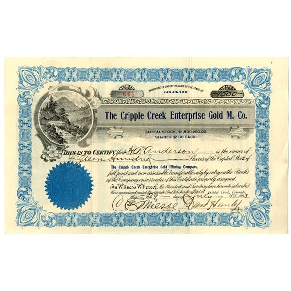 CO. Cripple Creek Enterprise Gold Mining Co., 1903, I/U Stock Certificate.