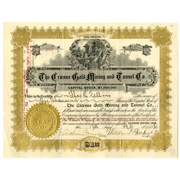 CO. Croesus Gold Mining and Tunnel Co., 1896, I/U Stock Certificate.