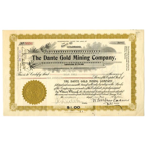 CO. Dante Gold Mining Co., 1921, I/U Stock Certificate.