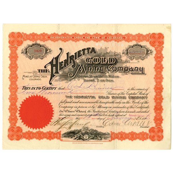 CO. Henrietta Gold Mining Co., 1896, I/U Stock Certificate.
