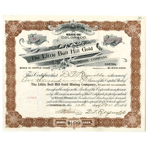 CO. Little Bull Hill Gold Mining Co., 1896, I/U Stock Certificate.