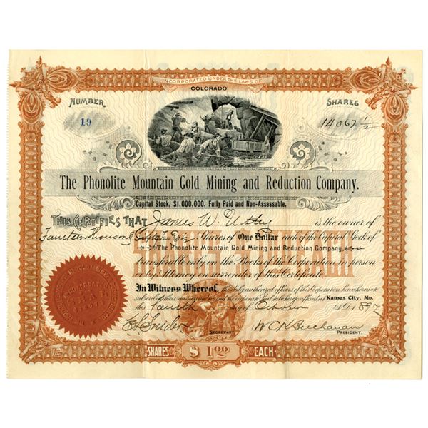 CO. Phonolite Mountain Gold Mining and Reduction Co., 1897, I/U Stock Certificate.