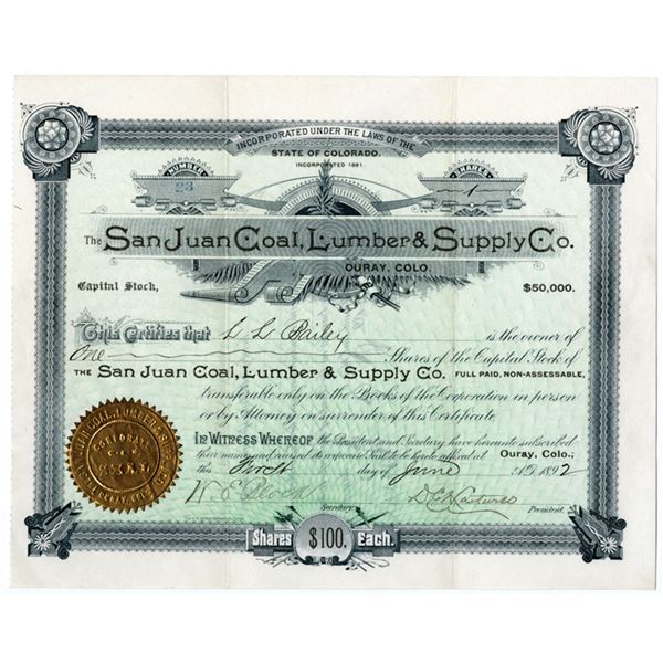 CO. San Juan Coal Lumber & Supply Co., 1892, I/U Stock Certificate.