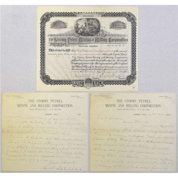 CO. Stormy Petrel Mining and Milling Corp., 1903, I/U Stock Certificate & Correspondence.