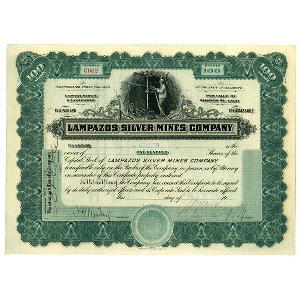 DE. Lampazos Silver Mines Co., 1918, I/U Stock Certificate Signed by George Graham Rice the "Jackal 