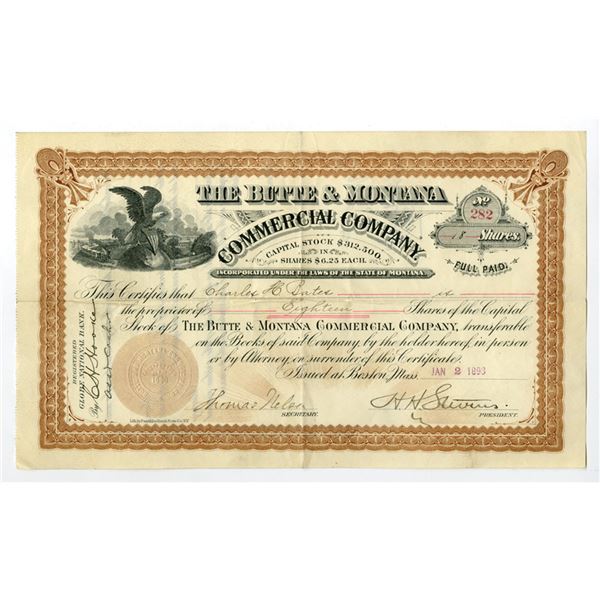 MT. Butte & Montana Commercial Co., 1893, I/U Stock Certificate.