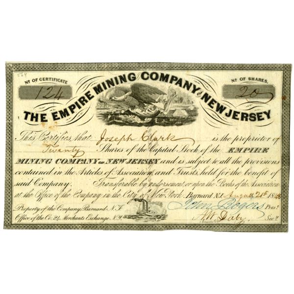 NJ. Empire Mining Co. of New Jersey, 1848, I/U Stock Certificate.