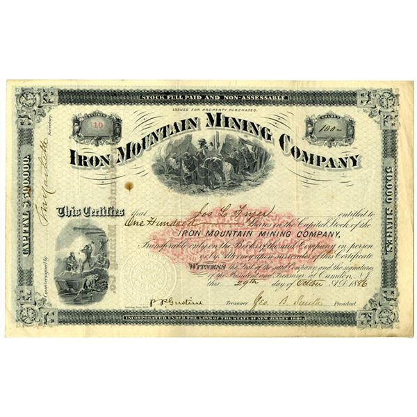 NJ. Iron Mountain Mining Co., 1886, I/U Stock Certificate.