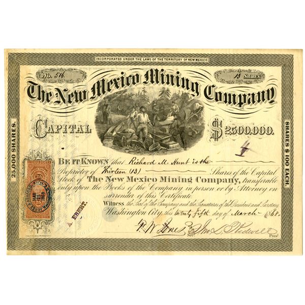 NM. New Mexico Mining Co., 1868, I/U Stock Certificate.