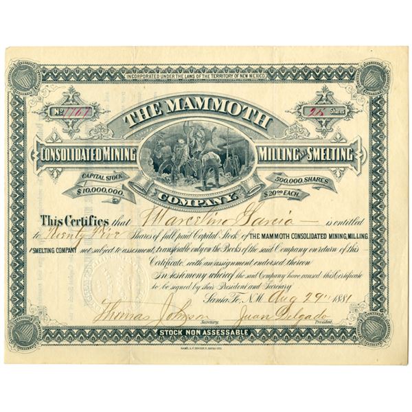 New Mexico Territory. Mammoth Consolidated Mining Milling and Smelting Co., 1881, I/U Stock Certific