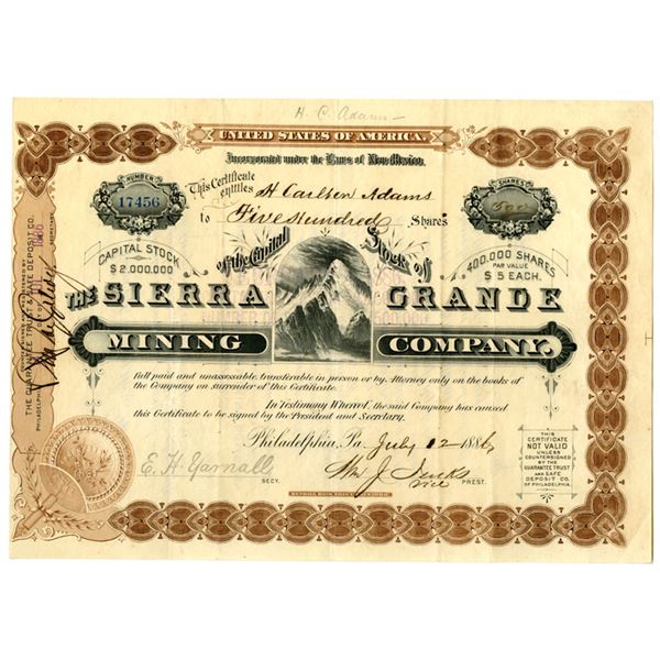 New Mexico Territory. Sierra Grande Mining Co., 1886, I/U Stock Certificate.