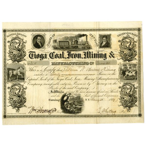 NY. Tioga Coal, Iron, Mining & Manufacturing Co., 1839, I/U Stock Certificate.