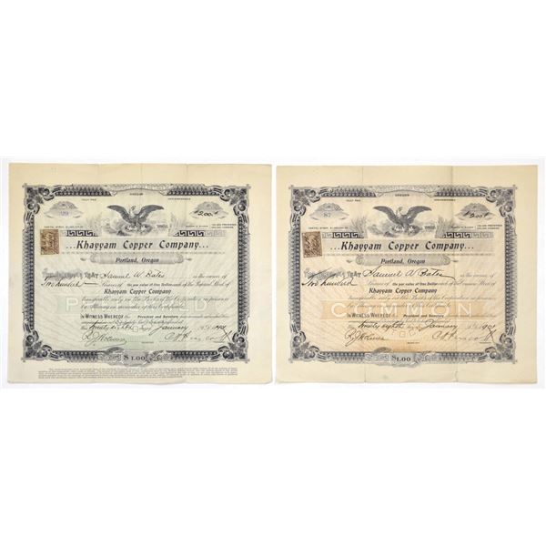 OR. Khayyam Copper Co., 1901, I/U Stock Certificate Pair.