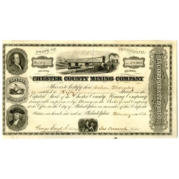 PA. Chester County Mining Co., 1853, I/U Stock Certificate.