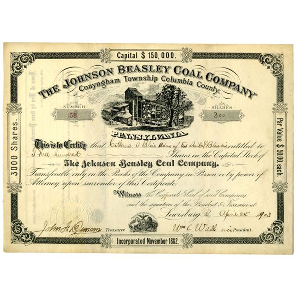 PA. Johnson Beasley Coal Co., 1903, I/U Stock Certificate.