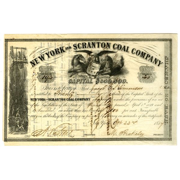 PA. New York and Scranton Coal Co., 1857, I/U Stock Certificate.